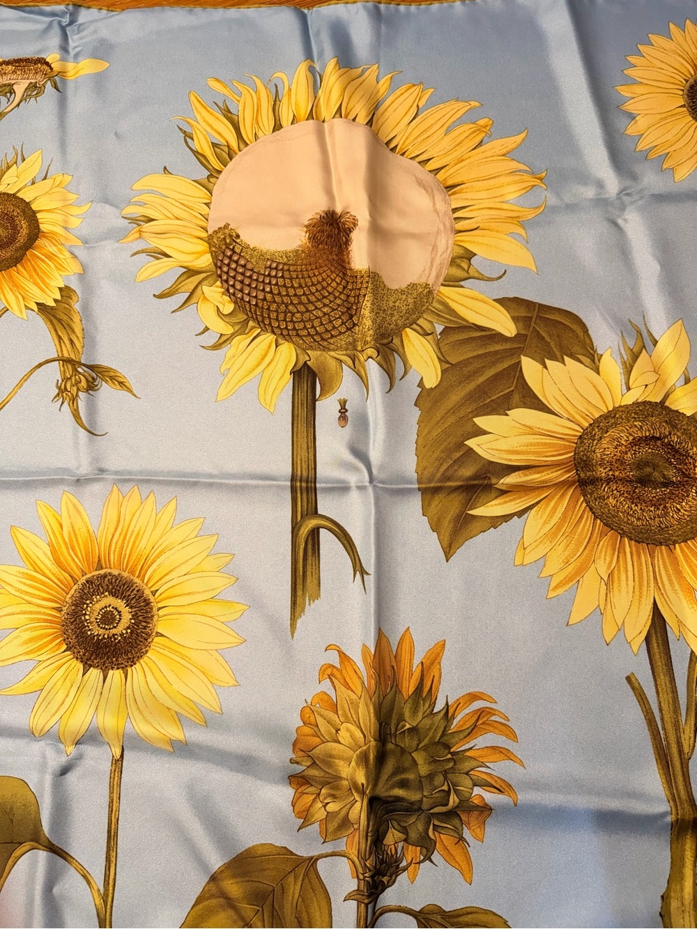 Authentic Tiffany & Co Sunflower Print 100% Silk Scarf in Pastel Blue and Yellow - Picture 7 of 11